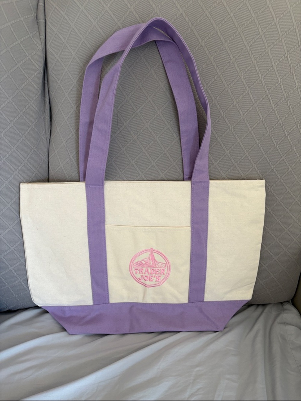 Trader Joe’s Designer Limited Edition Large Cream and Lavender Canvas Tote Bag - Picture 2 of 4